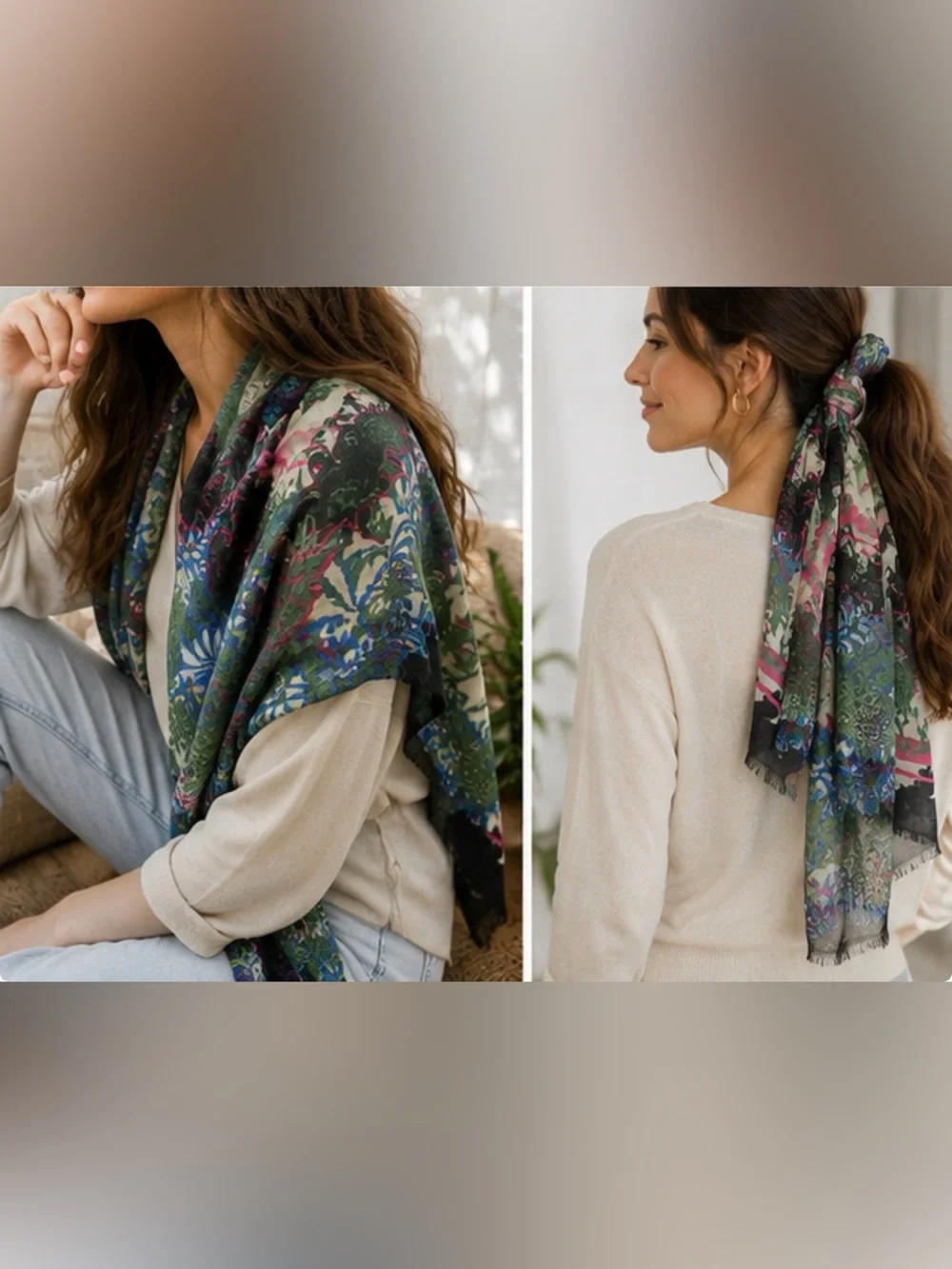 Unbranded Silk Cashmere Floral Scarf 80” x 28” – Colorful Botanical Print